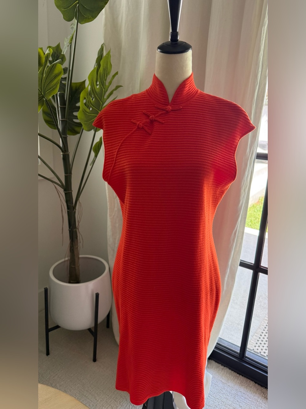 Shanghai Tang Vibrant Orange Ribbed Mandarin-Collar Midi Dress